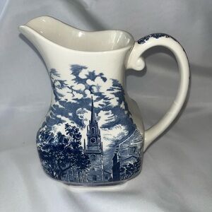 Liberty Blue porcelain pitcher. Old North Church 7.5” tall.